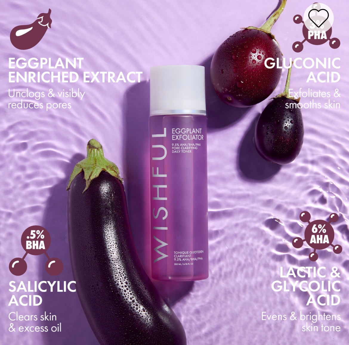 Wishful Eggplant Exfoliator : 9.5% AHA, BHA & PHA Pore Clarifying Daily Toner 200 ml